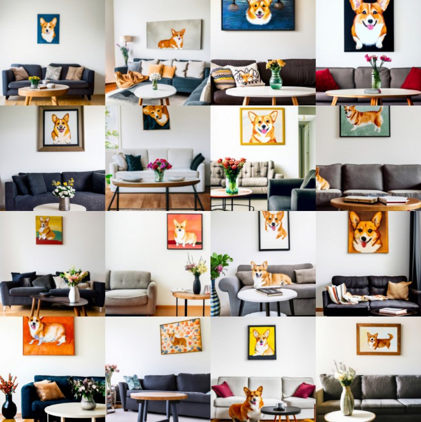 GLIDE sample with guidance scale 3: '“A cozy living room with a painting of a corgi on the wall above a couch and a round coffee table in front of a couch and a vase of flowers on a coffee table.'
